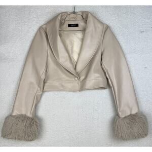AKIRA Cropped Faux Leather Jacket Fur Cuffs Beige Women's M
